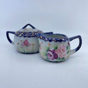 vintage nippon creamer and lidded sugar hand painted floral design gold decorati